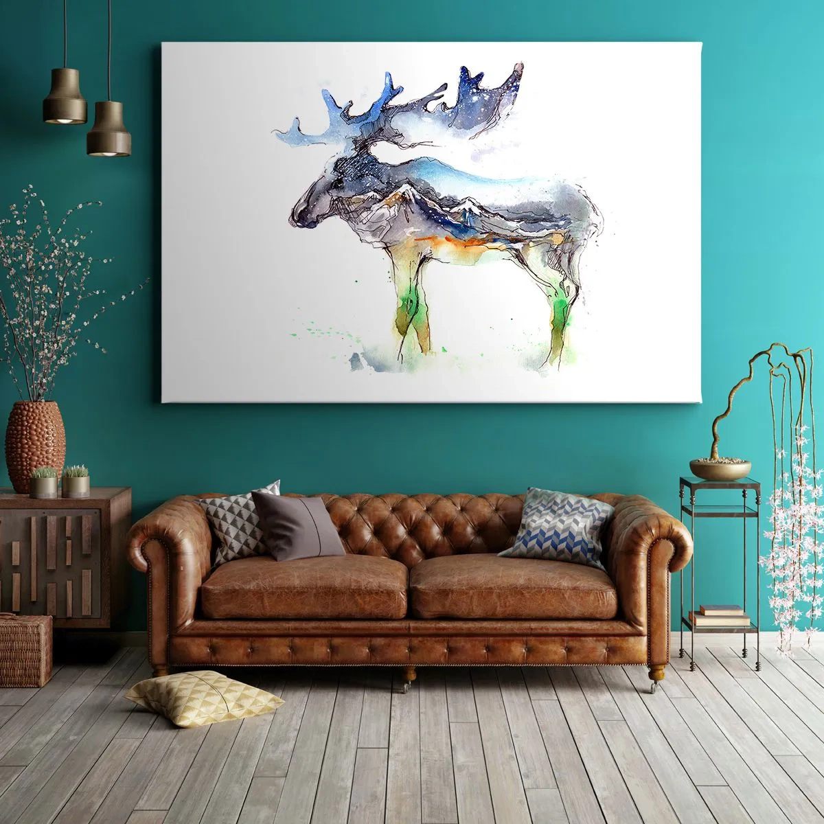 Impression sur toile - Image sur toile - Silhouette aquarelle d'un élan avec un paysage de montagne - 70x50cm - Le héros d'un conte d'hiver - Décoration murale moderne pour le salon et la chambre ARTTOR