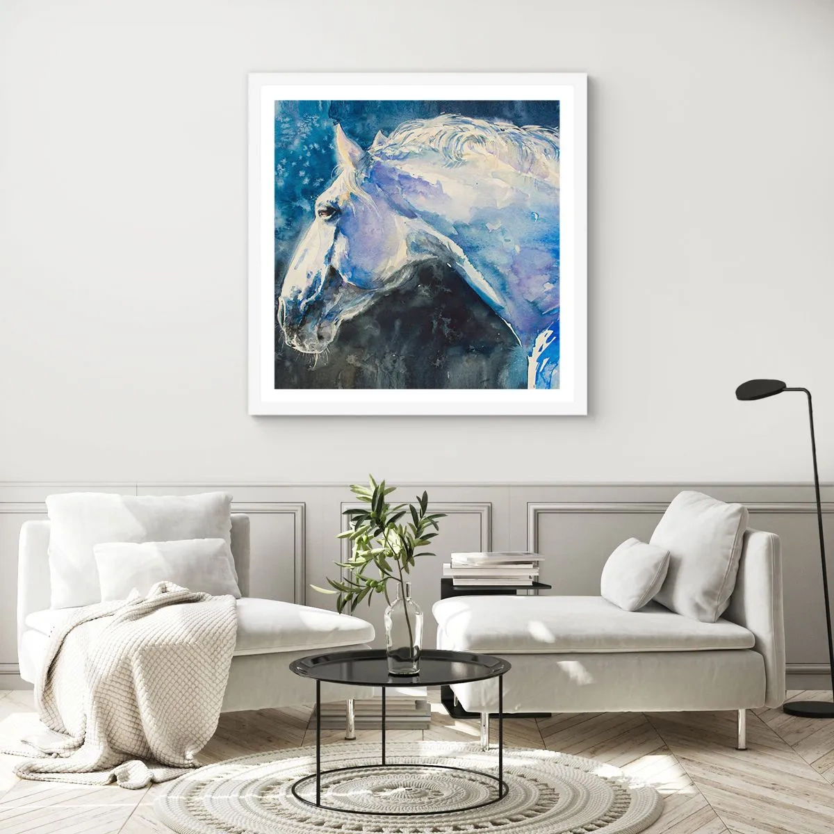 Affiche dans un cadre blanc - Poster - Portrait dans une lueur azur - 30x30 cm