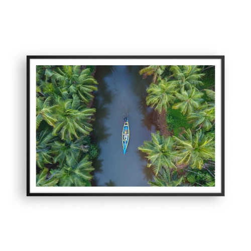 Affiche dans un cadre noir - Poster - Vue aérienne d'un bateau sur une rivière entourée de palmiers - 100x70cm - Sur un sentier tropical - Décoration murale moderne pour le salon et la chambre ARTTOR