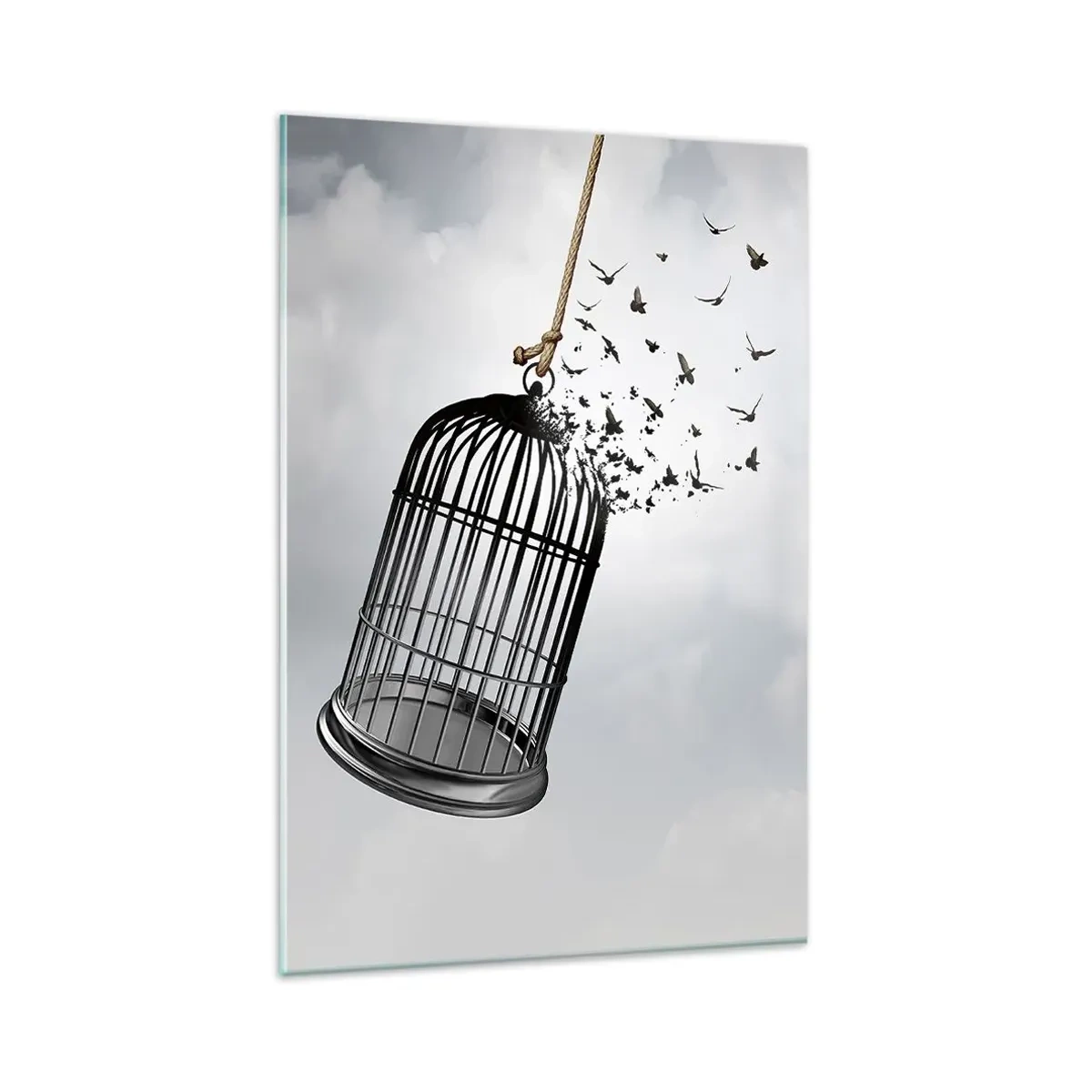 Impression sur verre - Image sur verre - Des oiseaux s'envolent d'une cage dans le ciel - 80x120cm - Foie...Espoir...Liberté! - Décoration murale moderne pour le salon et la chambre ARTTOR