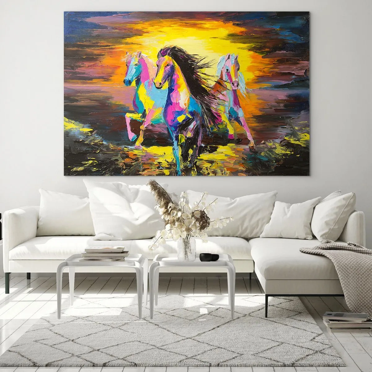 Impression sur verre - Image sur verre - Chevaux colorés galopant sur fond de coucher de soleil - 120x80cm - Immergé dans l'arc-en-ciel - Décoration murale moderne pour le salon et la chambre ARTTOR