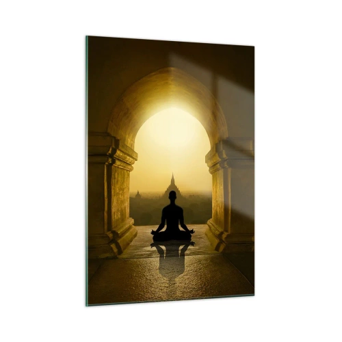 Impression sur verre - Image sur verre - Silhouette d'une personne méditant à la lumière du soleil couchant dans une arche architecturale - 50x70cm - Pleine harmonie - Décoration murale moderne pour le salon et la chambre ARTTOR