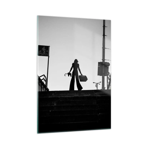 Impression sur verre - Image sur verre - Silhouette noire et blanche d'une femme sur fond de paysage urbain - 50x70cm - Pèlerinage urbain - Décoration murale moderne pour le salon et la chambre ARTTOR