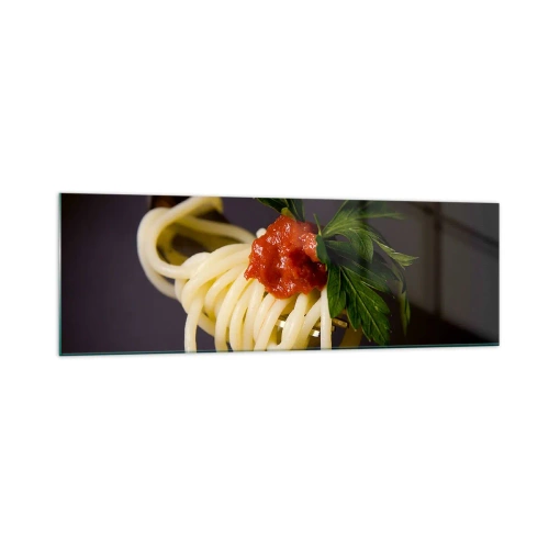 Impression sur verre - Image sur verre - Spaghettis à la fourchette avec sauce tomate et persil - 160x50cm - Une bouchée savoureuse - Décoration murale moderne pour le salon et la chambre ARTTOR