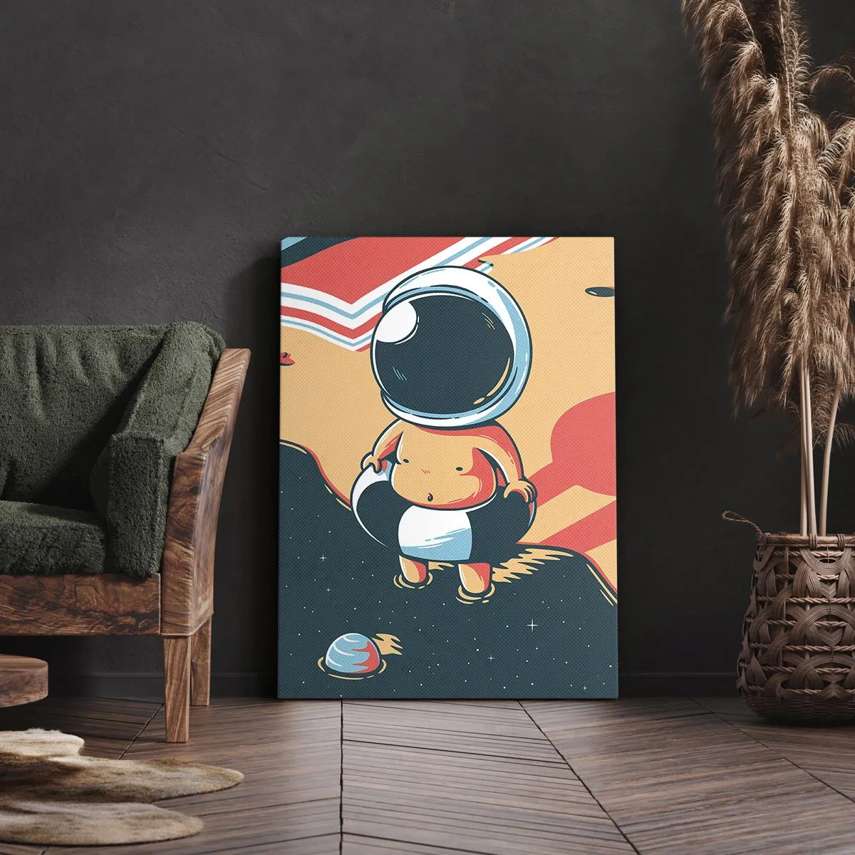 Impression sur toile - Image sur toile - Astronaute drôle sur la plage avec des éléments spatiaux en arrière-plan - 50x70cm - Suivant une autre perspective - Décoration murale moderne pour le salon et la chambre ARTTOR