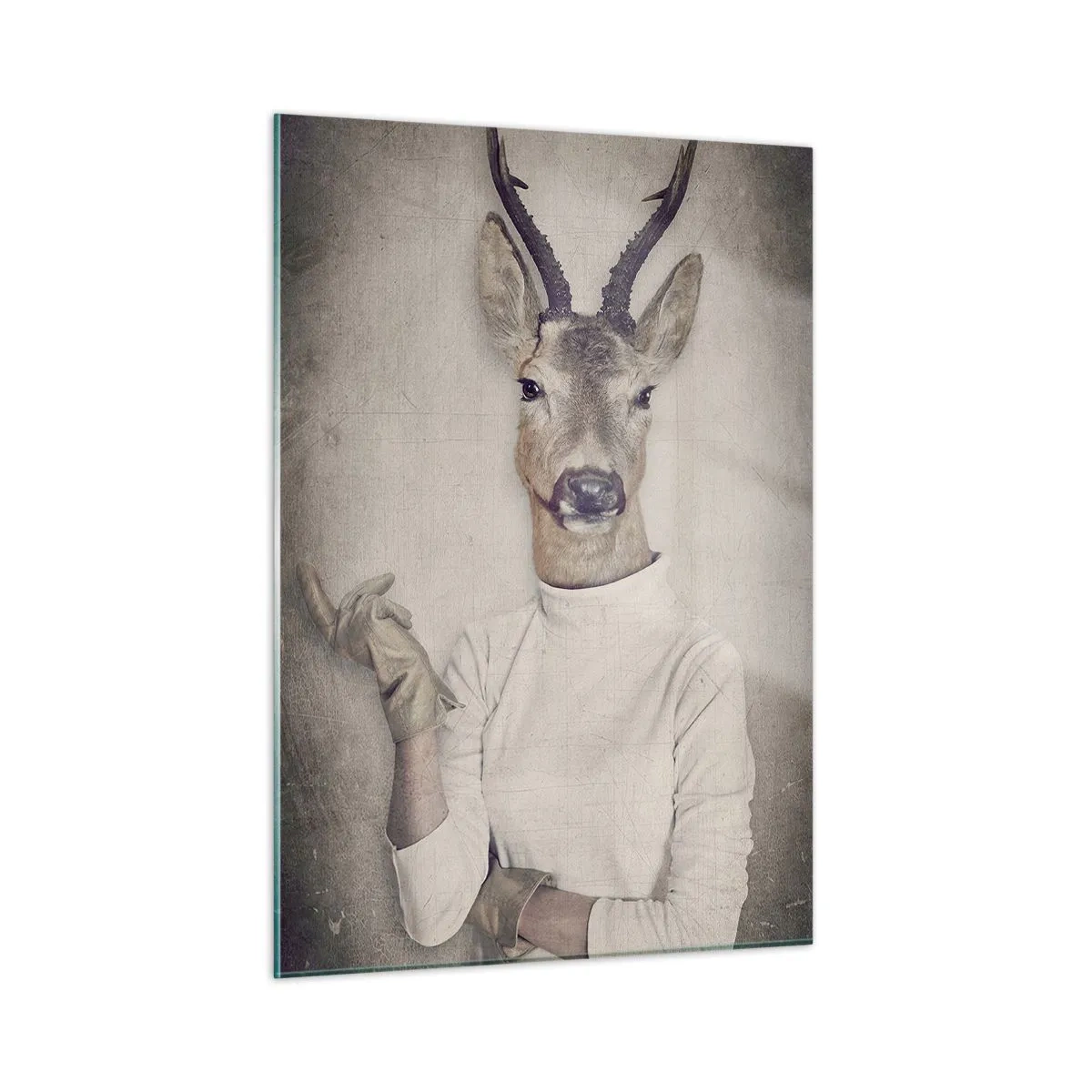 Impression sur verre - Image sur verre - Trois figures animales en vêtements humains sur un fond neutre - 50x70cm - Laissons parler les gestes - Décoration murale moderne pour le salon et la chambre ARTTOR