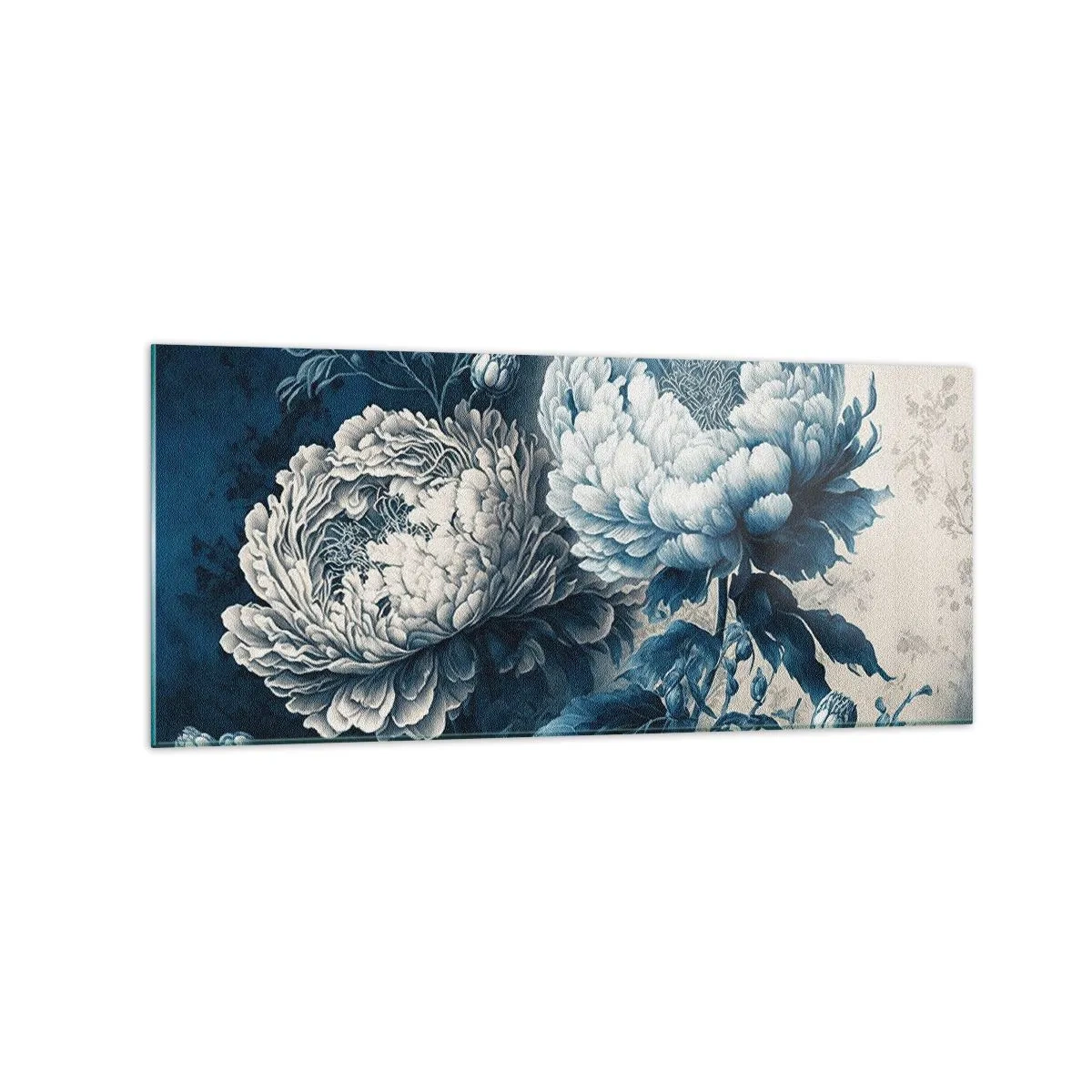 Impression sur verre - Image sur verre - Pivoines bleues sur un fond subtil avec un motif délicat - 120x50cm - Paire assortie - Décoration murale moderne pour le salon et la chambre ARTTOR