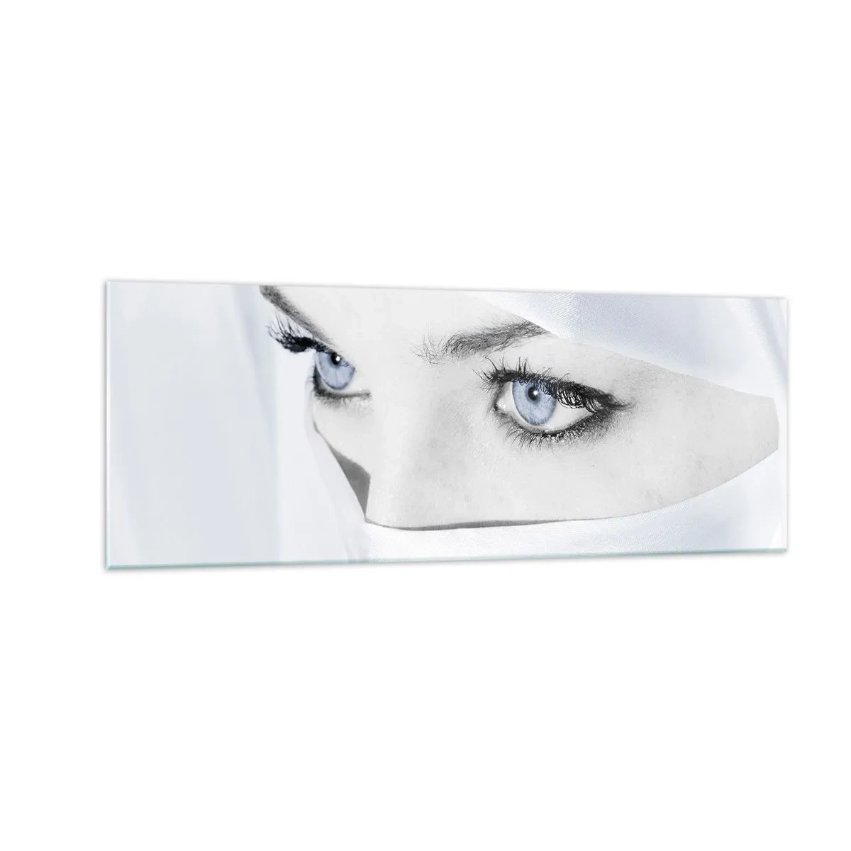 Impression sur verre - Image sur verre - Portrait d'une femme aux yeux bleus cachés derrière un voile blanc - 140x50cm - Directement des mille et une nuits - Décoration murale moderne pour le salon et la chambre ARTTOR