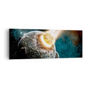 Impression sur toile - Image sur toile - Collision cosmique d'une planète avec un astéroïde à proximité de la galaxie. - 140x50cm - Destruction ou naissance? - Décoration murale moderne pour le salon et la chambre ARTTOR