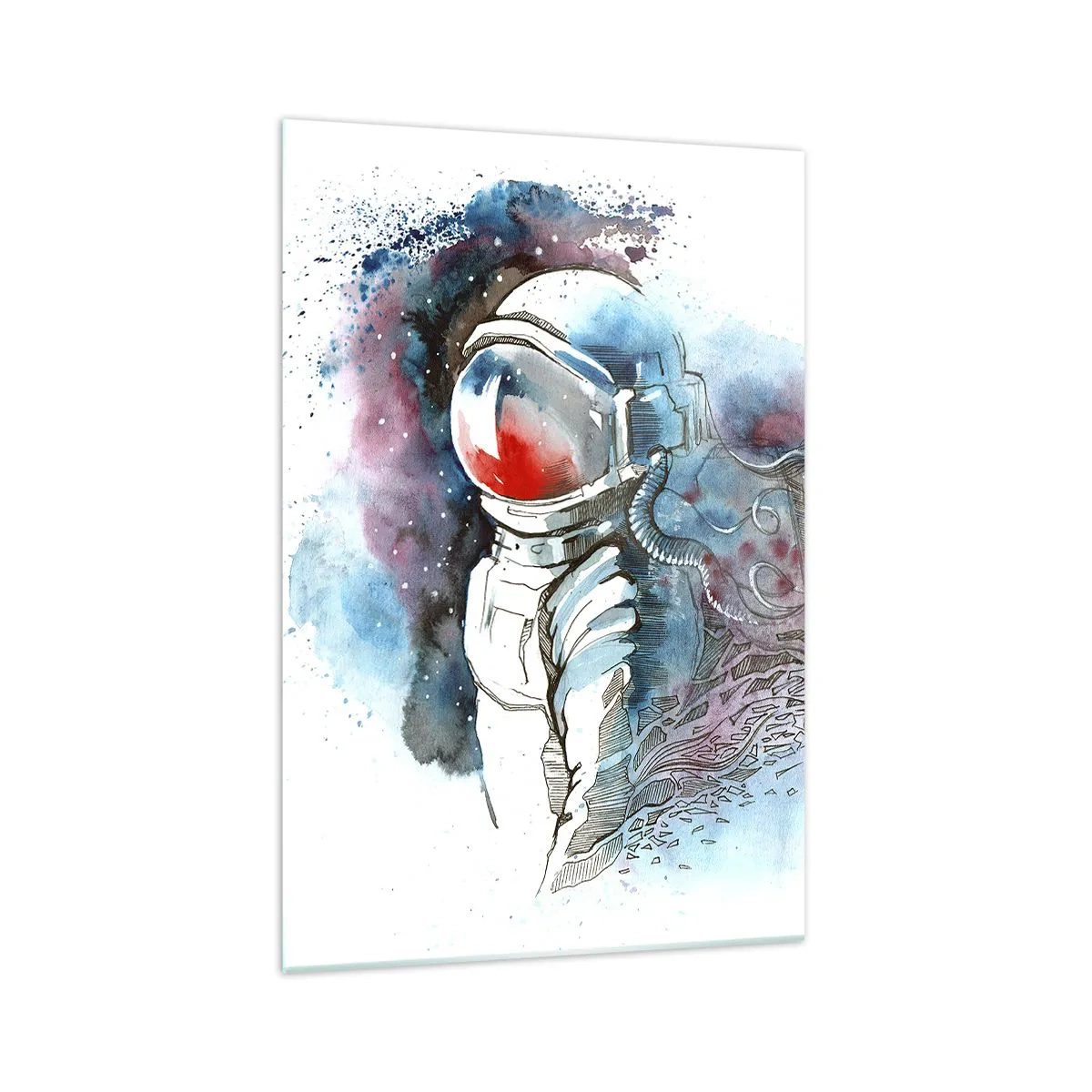 Impression sur verre - Image sur verre - Un cosmonaute dans une aquarelle dynamique avec des détails cosmiques - 70x100cm - Seul avec l'espace - Décoration murale moderne pour le salon et la chambre ARTTOR