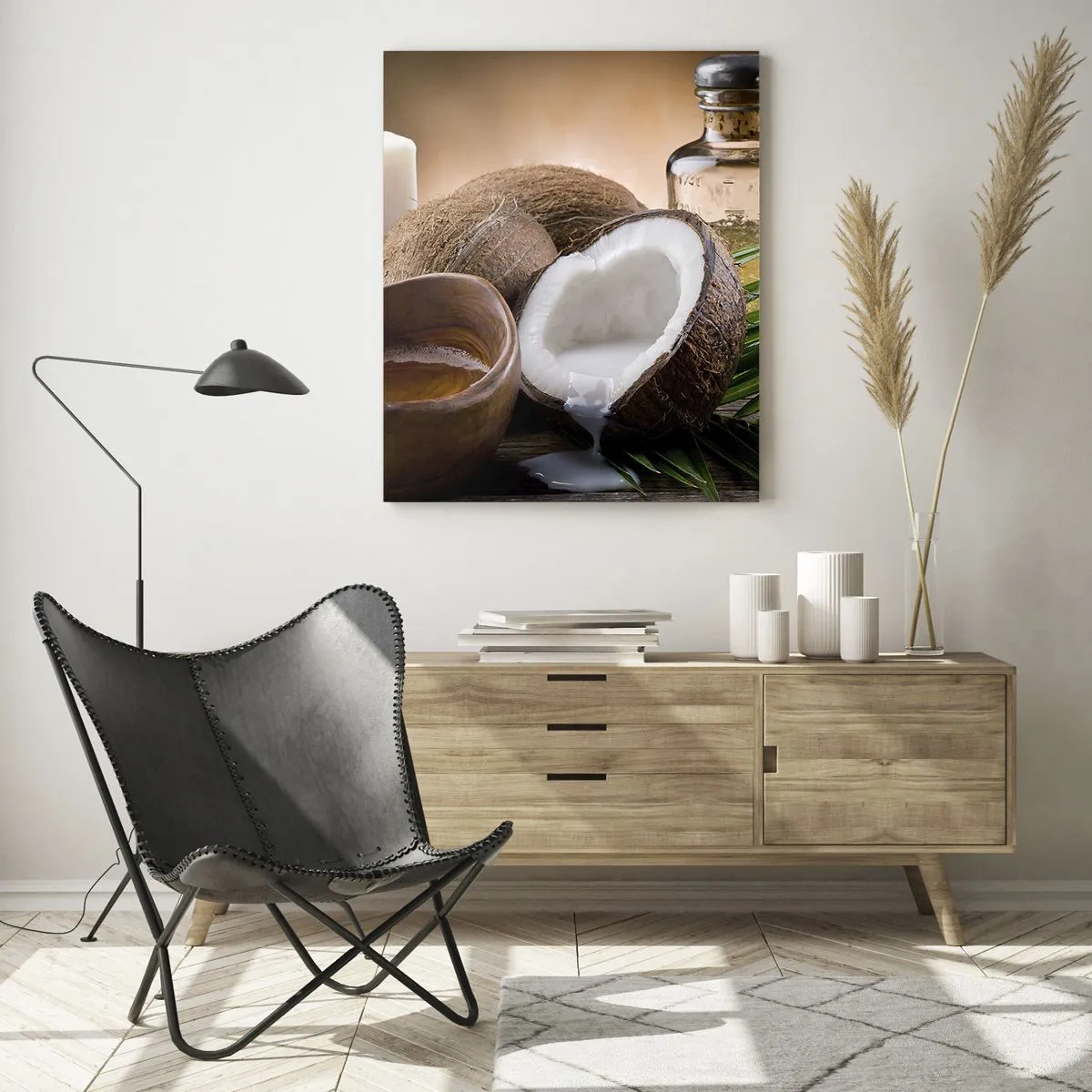 Impression sur verre - Image sur verre - Noix de coco, bougie et huile sur fond de bois - 70x100cm - Santé des îles tropicales - Décoration murale moderne pour le salon et la chambre ARTTOR