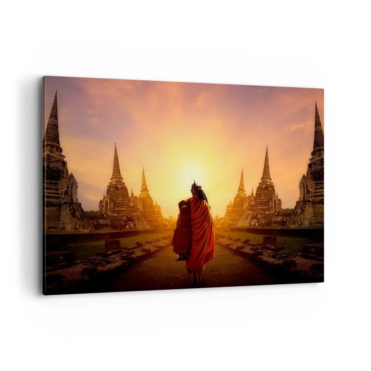 Impression sur toile - Image sur toile - Un moine parmi les temples au coucher du soleil - 120x80cm - En paix pour l'éternité - Décoration murale moderne pour le salon et la chambre ARTTOR