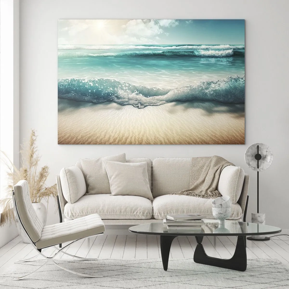 Impression sur verre - Image sur verre - Vagues turquoise de l'océan venant lécher une plage de sable - 120x80cm - La paix de l'océan - Décoration murale moderne pour le salon et la chambre ARTTOR