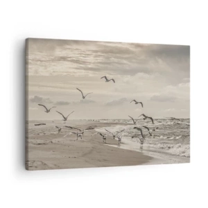 Impression sur toile - Image sur toile - Une mouette en vol au-dessus d'un paysage balnéaire - 70x50cm - Le bruit de la mer, le chant des oiseaux - Décoration murale moderne pour le salon et la chambre ARTTOR