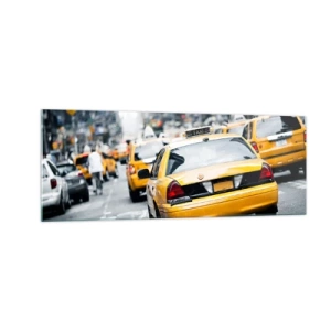 Impression sur verre - Image sur verre - Des taxis jaunes dans une rue animée du centre-ville de la métropole - 140x50cm - Seulement dans cette ville - Décoration murale moderne pour le salon et la chambre ARTTOR