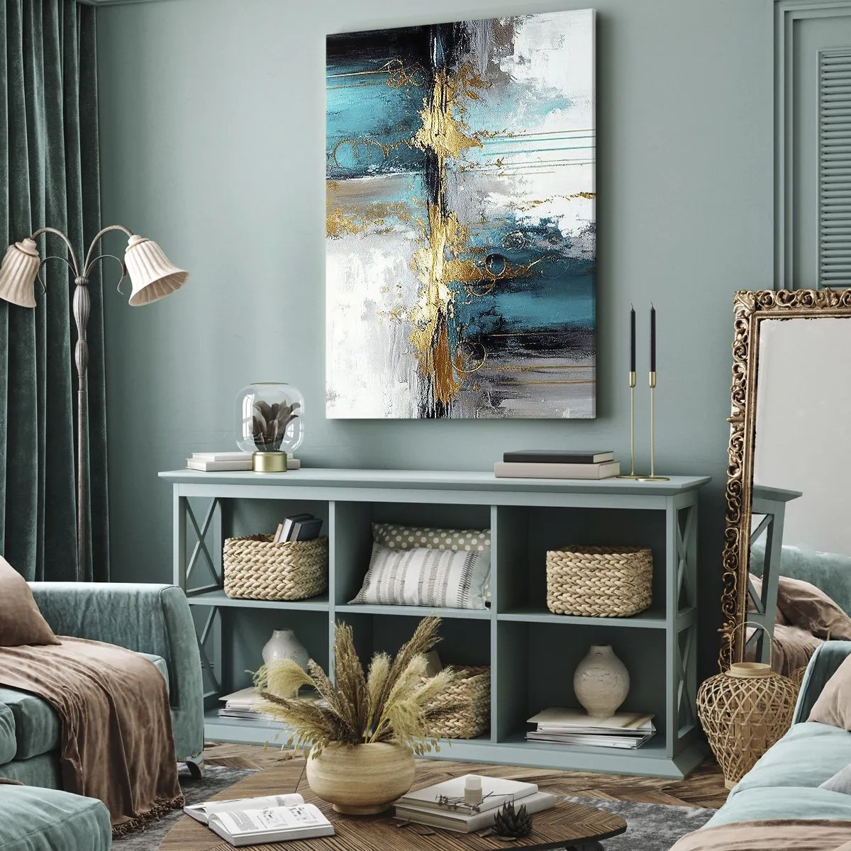 Impression sur toile - Image sur toile - Une composition abstraite aux accents turquoise et dorés. - 80x120cm - Tout coule - Décoration murale moderne pour le salon et la chambre ARTTOR