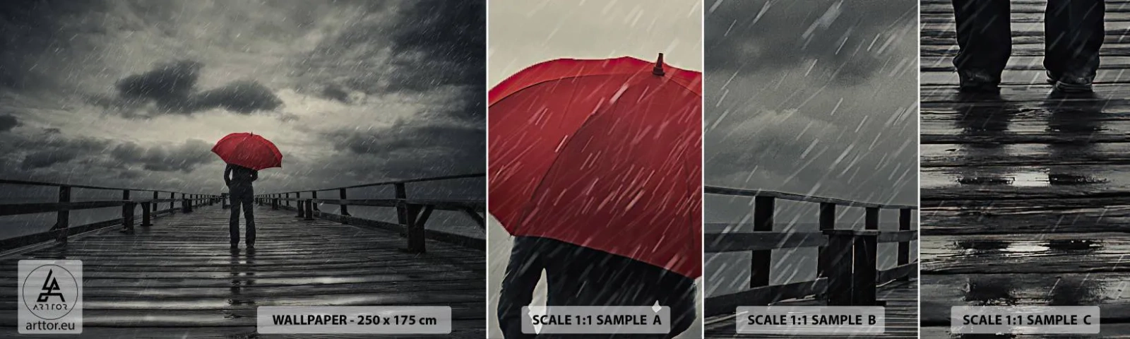 Échantillon de Papier Peint Autocollant Deluxe Sticker - Peu importe qu'il pleuve - Jetée en bois, Mer, Marcher sous la pluie - 100x30 cm