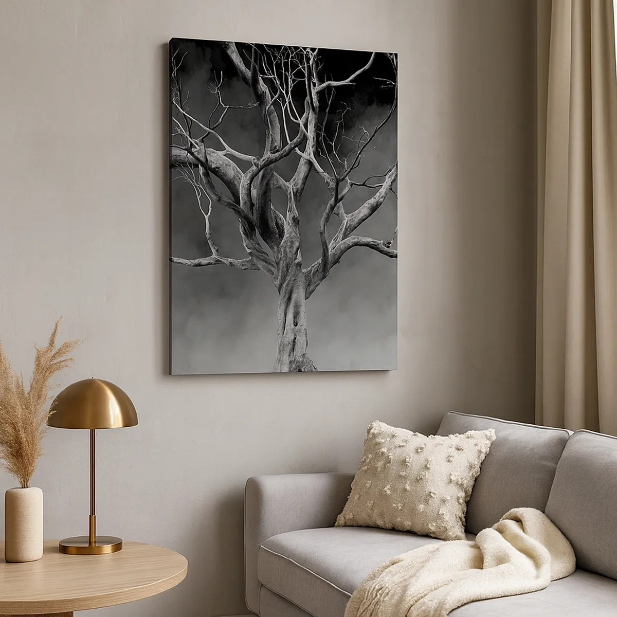 Impression sur toile - Image sur toile - Un arbre sec en noir et blanc contre le brouillard - 50x70cm - Primordial et sacré - Décoration murale moderne pour le salon et la chambre ARTTOR