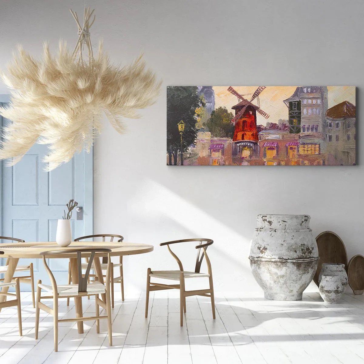 Impression sur toile - Image sur toile - Le moulin à vent rouge du Moulin Rouge entouré par le paysage urbain - 160x50cm - Icones parisiennes – le Moulin rouge - Décoration murale moderne pour le salon et la chambre ARTTOR
