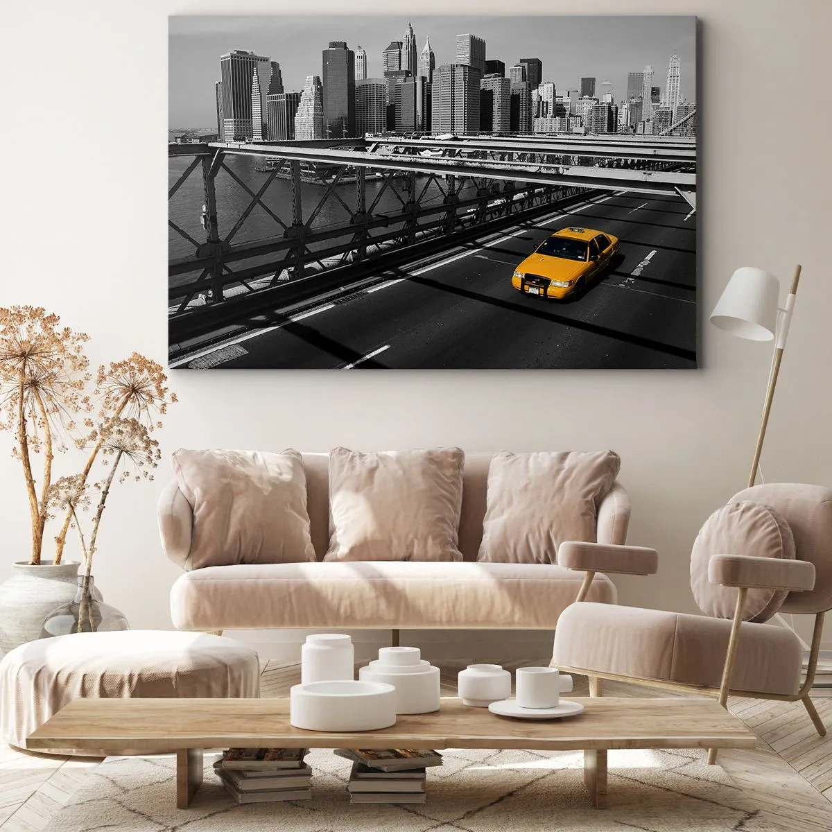 Impression sur toile - Image sur toile - Taxi jaune sur un pont avec vue sur les toits de New York - 100x70cm - Couleur de la grande ville - Décoration murale moderne pour le salon et la chambre ARTTOR