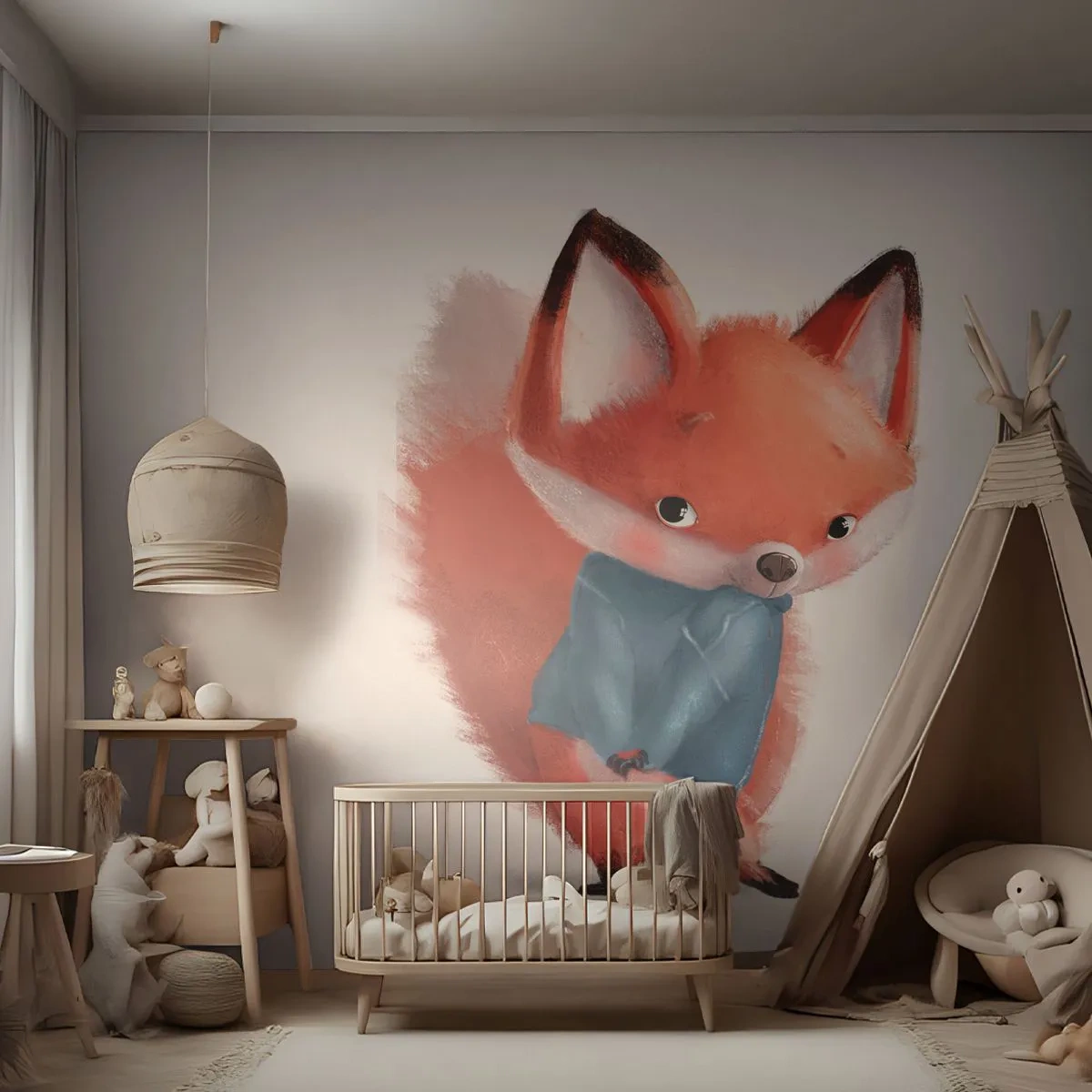 Papier Peint Photo Premium Sand - Un mignon renard roux dans un pull bleu sur fond blanc - 100x70cm - Est-ce que ça me va? - Décoration murale moderne pour le salon et la chambre ARTTOR