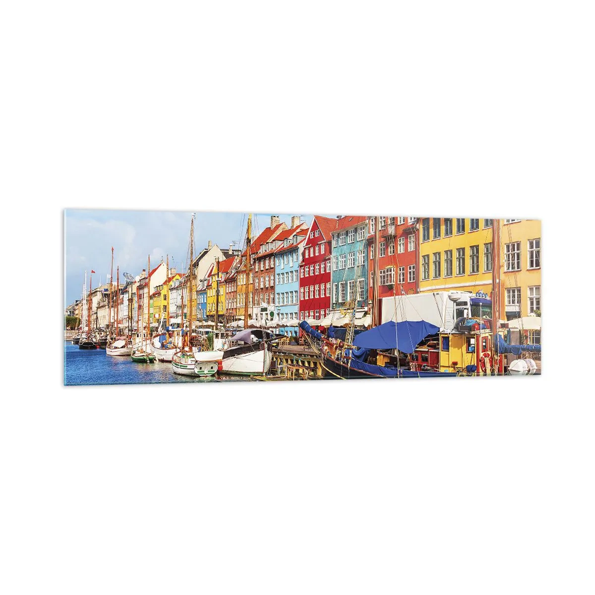 Impression sur verre - Image sur verre - Maisons colorées sur le canal avec des bateaux au soleil - 160x50cm - Quai joyeux - Décoration murale moderne pour le salon et la chambre ARTTOR