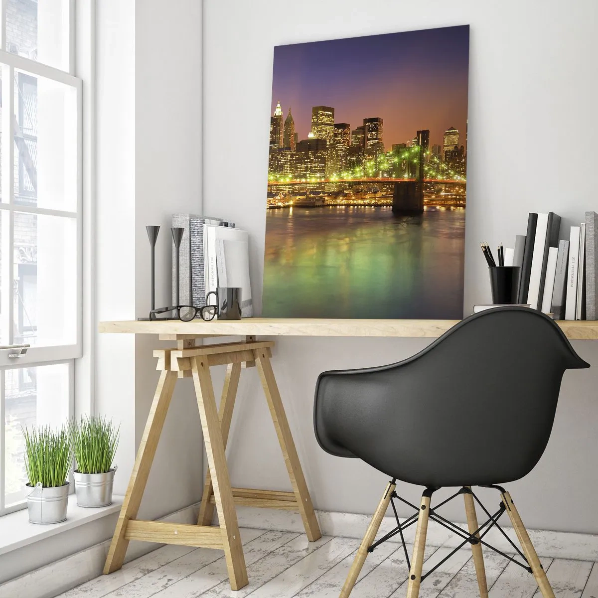 Impression sur verre - Image sur verre - Pont illuminé sur la rivière avec vue panoramique sur la ville au crépuscule - 50x70cm - Ici la lumière ne s'éteint jamais - Décoration murale moderne pour le salon et la chambre ARTTOR