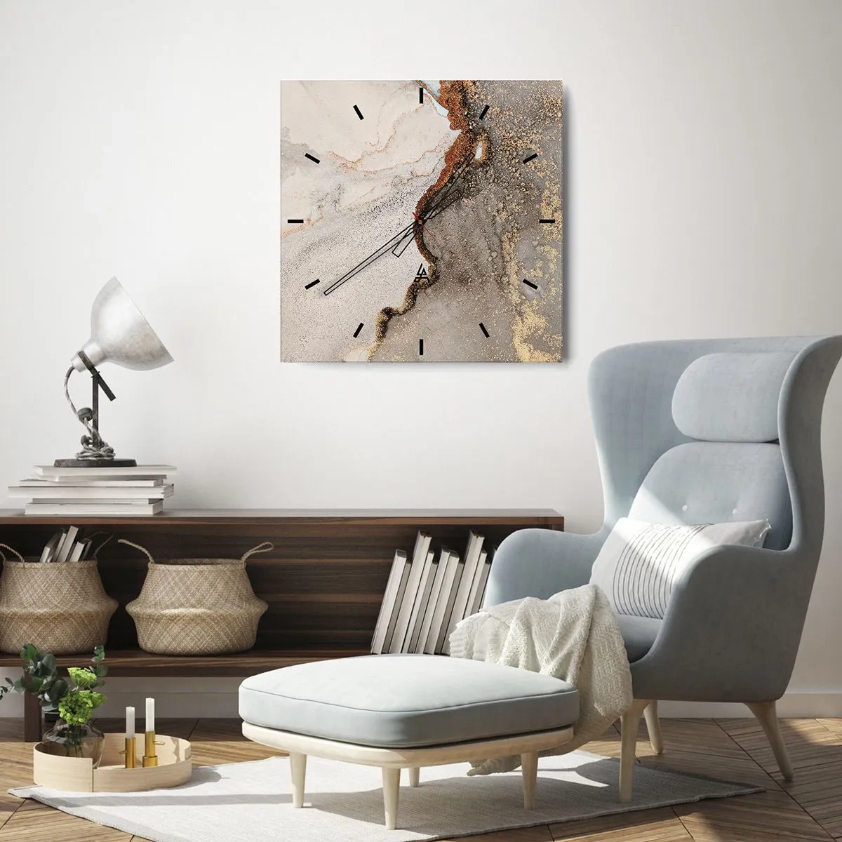 Horloge murale - Pendule murale - Motif abstrait avec des nuances d'or et de gris - 30x30cm - Aux frontières des couleurs - Décoration murale moderne pour le salon et la chambre ARTTOR