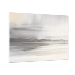 Impression sur verre - Image sur verre - Un panorama de montagne délicat et flou dans des tons gris pastel - 70x50cm - Distance réfléchie - Décoration murale moderne pour le salon et la chambre ARTTOR