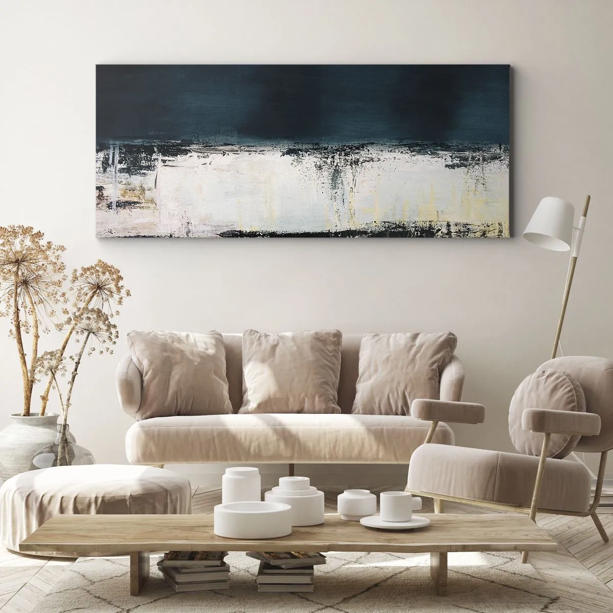 Impression sur toile - Image sur toile - Composition horizontale abstraite dans les tons bleu marine et blanc - 140x50cm - Composition horizontale - Décoration murale moderne pour le salon et la chambre ARTTOR