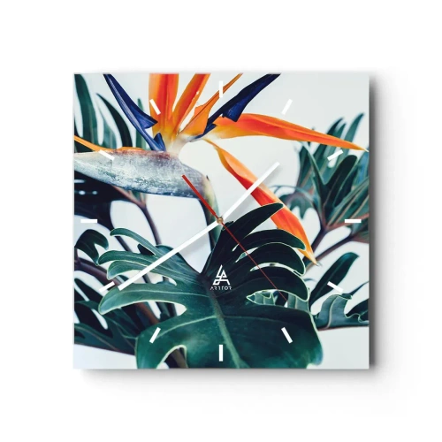 Horloge murale - Pendule murale - Fleur de Strelitzia entourée de feuilles sous une lumière vive - 30x30cm - Le buisson oiseaux - Décoration murale moderne pour le salon et la chambre ARTTOR