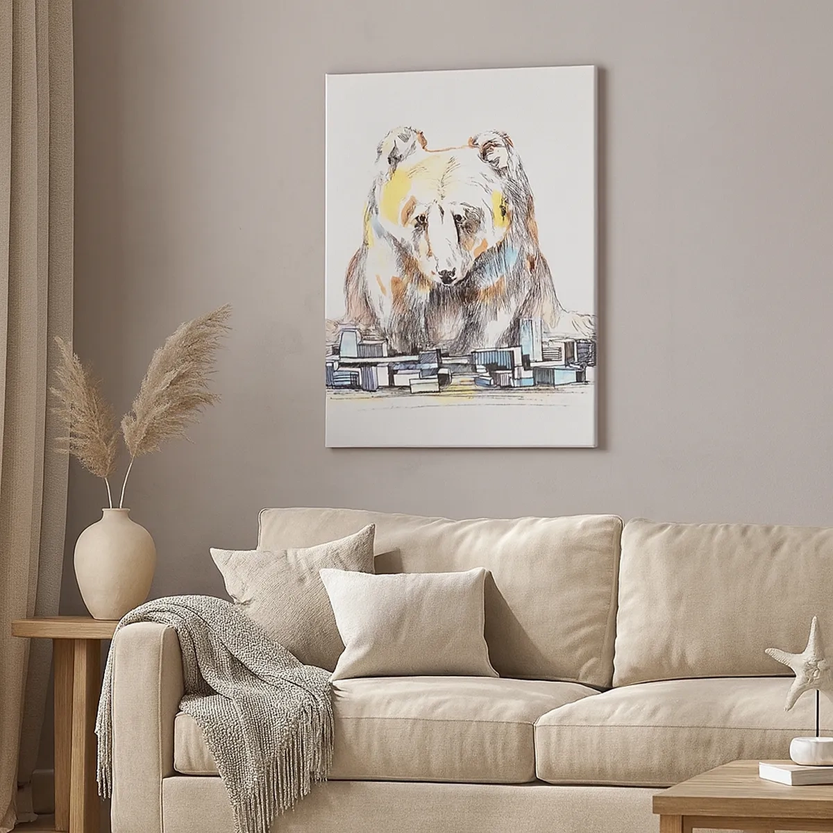 Impression sur toile - Image sur toile - Illustration d'un ours avec des détails et des blocs colorés - 50x70cm - Comment peut-on vivre ainsi ? - Décoration murale moderne pour le salon et la chambre ARTTOR