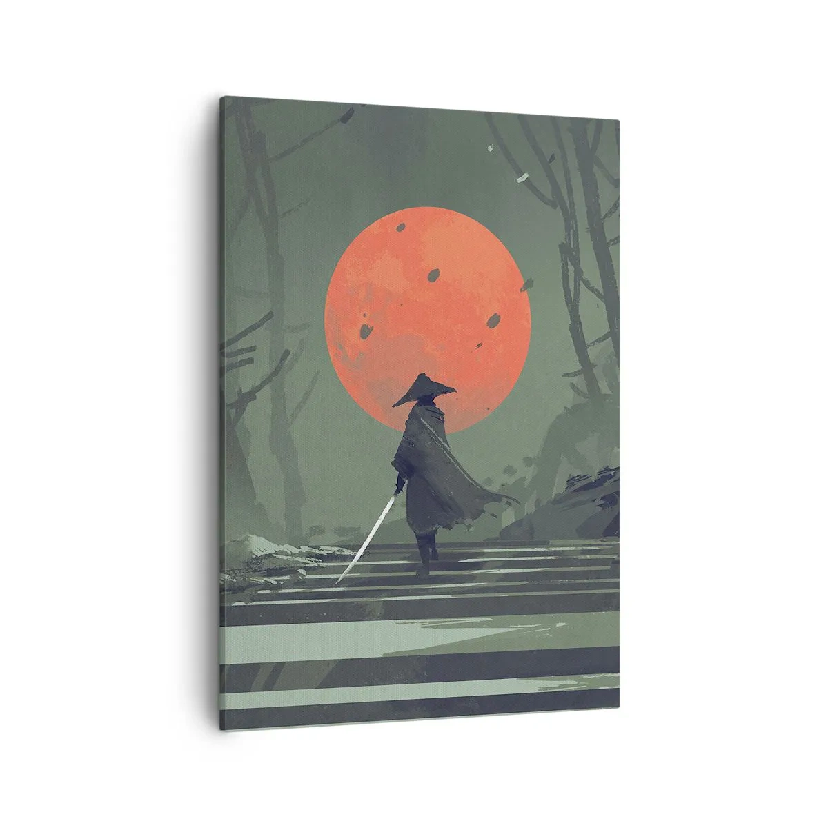 Impression sur toile - Image sur toile - Un guerrier solitaire avec une épée sur fond de lune rouge dans une forêt sombre. - 50x70cm - Guerrier de la lune rouge - Décoration murale moderne pour le salon et la chambre ARTTOR