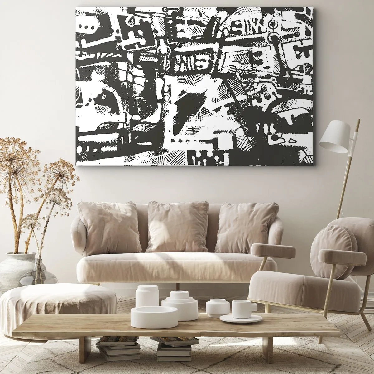 Impression sur toile - Image sur toile - Motif rétro monochrome abstrait - 70x50cm - Ordre ou chaos? - Décoration murale moderne pour le salon et la chambre ARTTOR