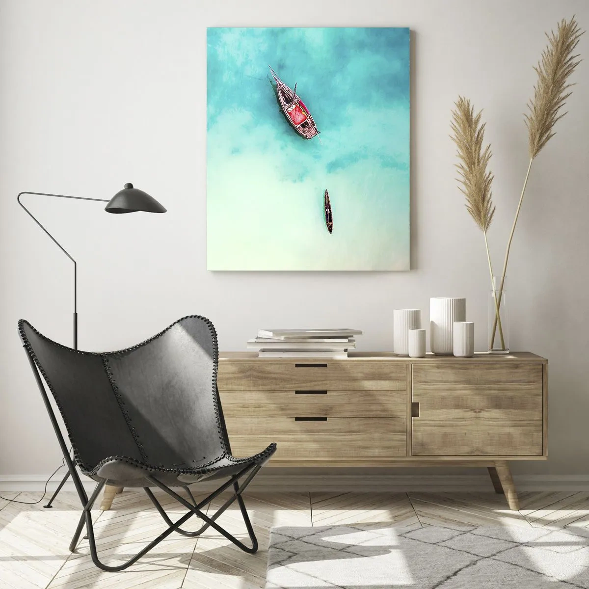 Impression sur verre - Image sur verre - Bateaux sur l'eau turquoise vus à vol d'oiseau - 80x120cm - Car sur les plages de Zanzibar, quand il y a un débordement d'eau... - Décoration murale moderne pour le salon et la chambre ARTTOR