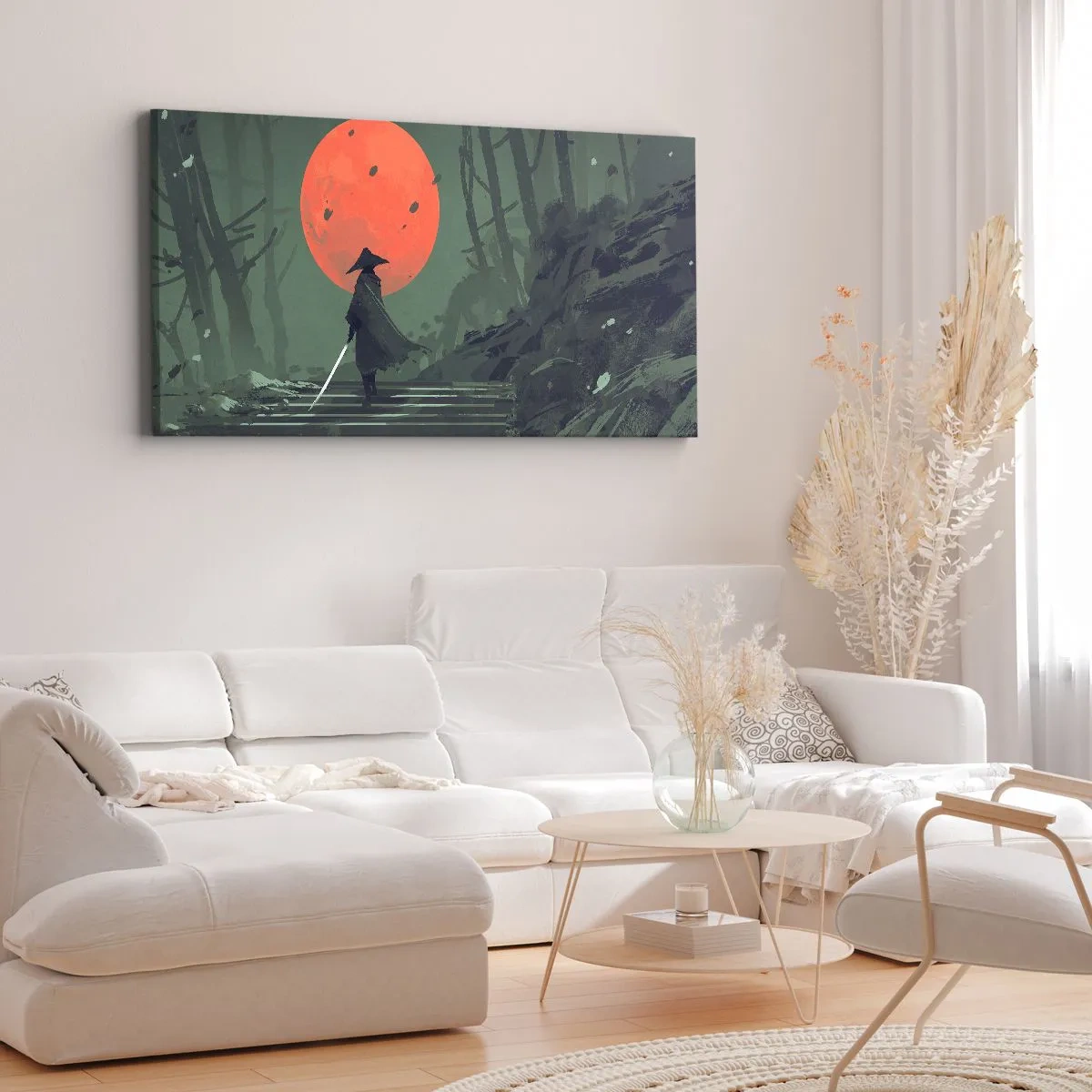 Impression sur toile - Image sur toile - Un guerrier solitaire avec une épée sur fond de lune rouge dans une forêt sombre. - 120x50cm - Guerrier de la lune rouge - Décoration murale moderne pour le salon et la chambre ARTTOR