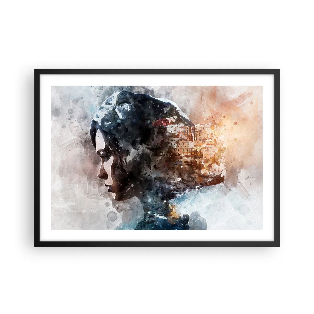 Affiche dans un cadre noir - Poster - Portrait d'une femme combinant son visage avec un paysage urbain en arrière-plan - 70x50cm - L'histoire d'une fille avec une ville en arrière-plan - Décoration murale moderne pour le salon et la chambre ARTTOR