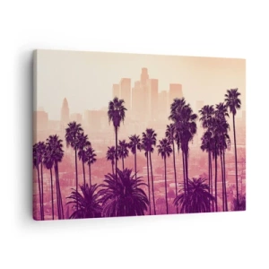 Impression sur toile - Image sur toile - Palmiers sur fond de paysage urbain aux couleurs chaudes - 70x50cm - Paysage californien - Décoration murale moderne pour le salon et la chambre ARTTOR
