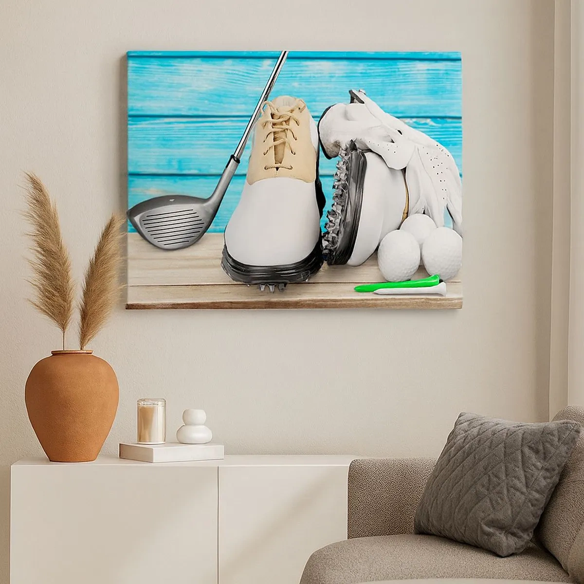 Impression sur toile - Image sur toile - Un ensemble d'accessoires de golf sur un fond en bois - 70x50cm - Tout est prêt - Décoration murale moderne pour le salon et la chambre ARTTOR