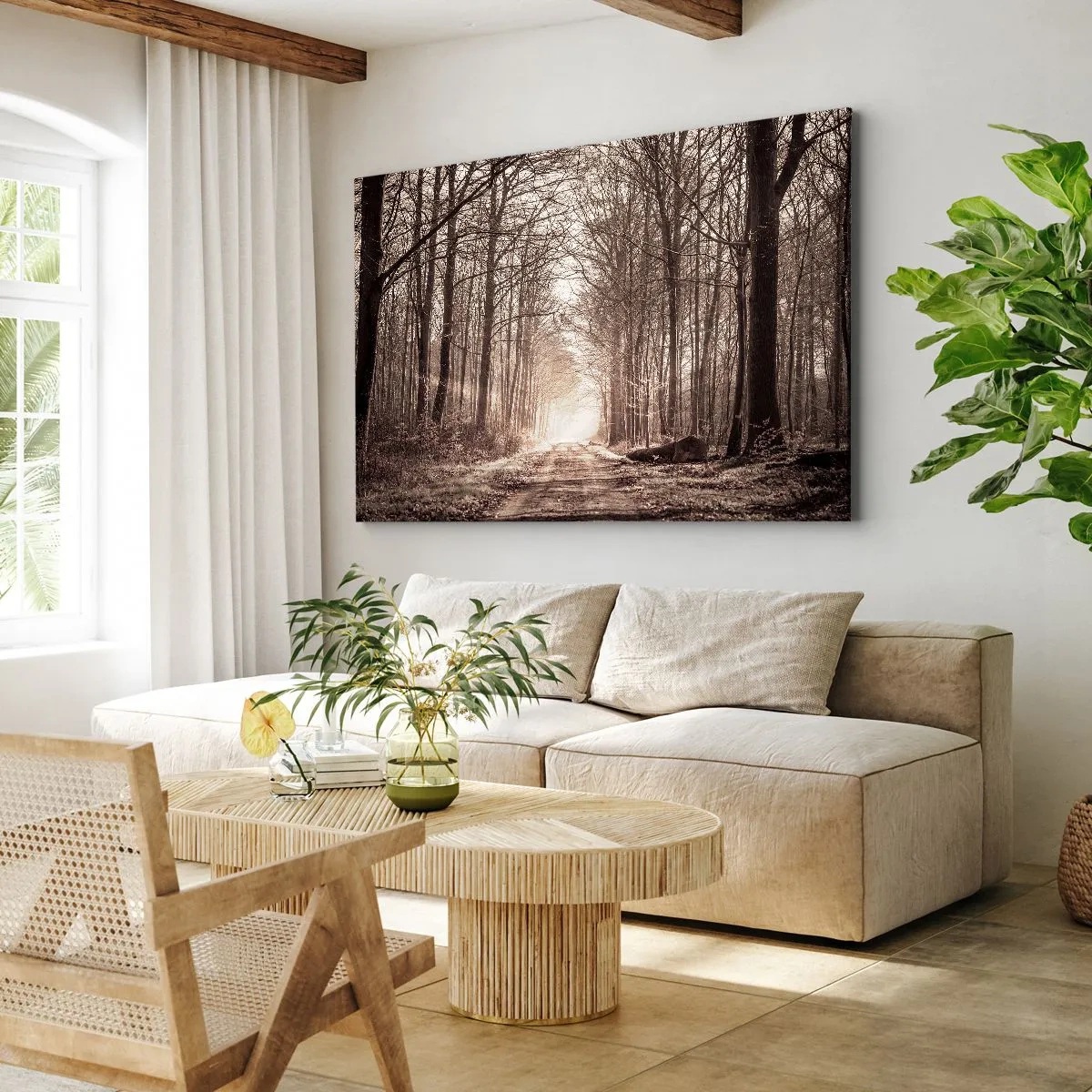 Impression sur toile - Image sur toile - Un chemin forestier parmi des arbres aux tons sépia - 70x50cm - Cathédrale de la forêt - Décoration murale moderne pour le salon et la chambre ARTTOR