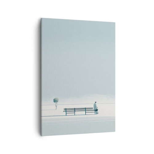 Impression sur toile - Image sur toile - Une personne assise sur un banc dans un paysage minimaliste - 50x70cm - Oui, j'attends. - Décoration murale moderne pour le salon et la chambre ARTTOR
