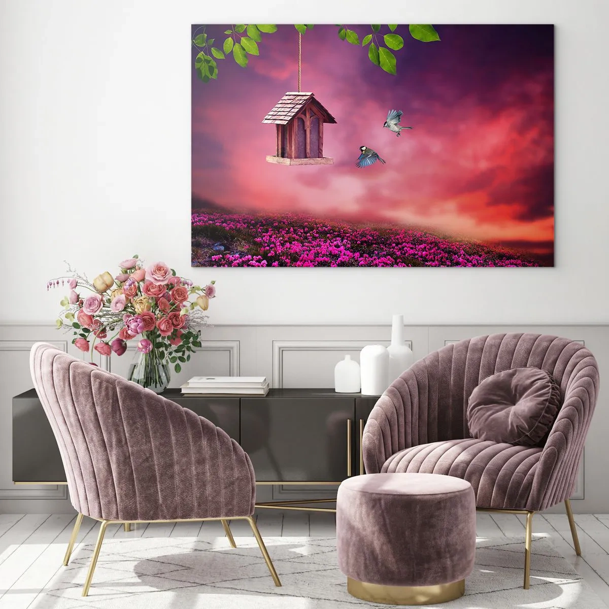 Impression sur verre - Image sur verre - Une mangeoire à oiseaux contre un ciel rose - 70x50cm - Invitation à dîner - Décoration murale moderne pour le salon et la chambre ARTTOR