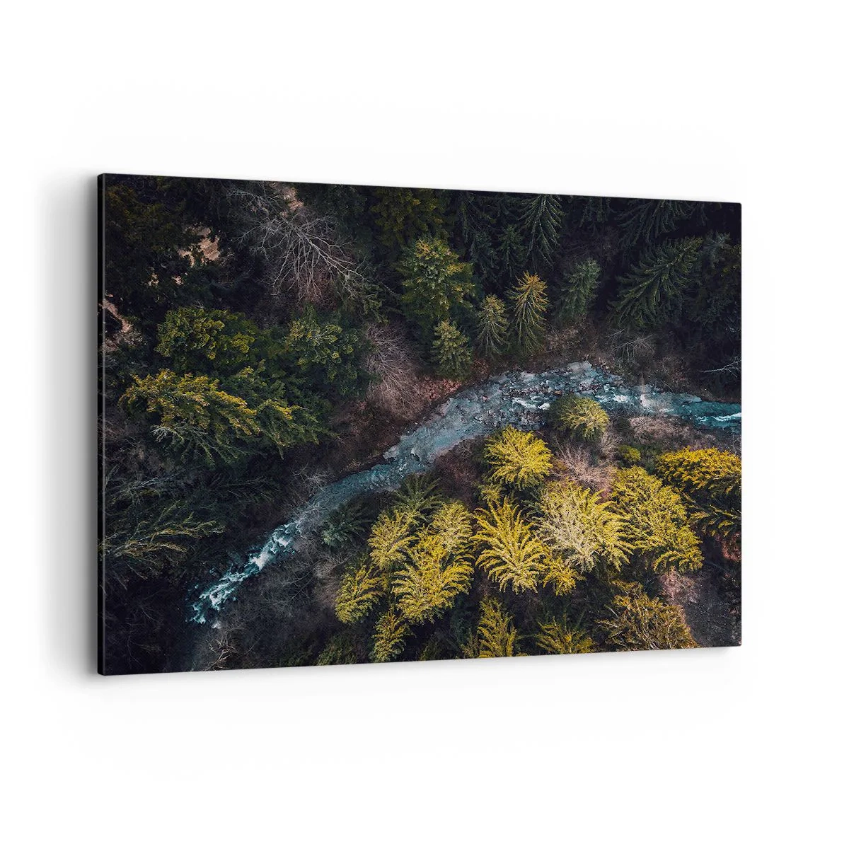 Impression sur toile - Image sur toile - Vue d'en haut d'une forêt avec une rivière sinueuse - 100x70cm - De plus en plus vite - Décoration murale moderne pour le salon et la chambre ARTTOR