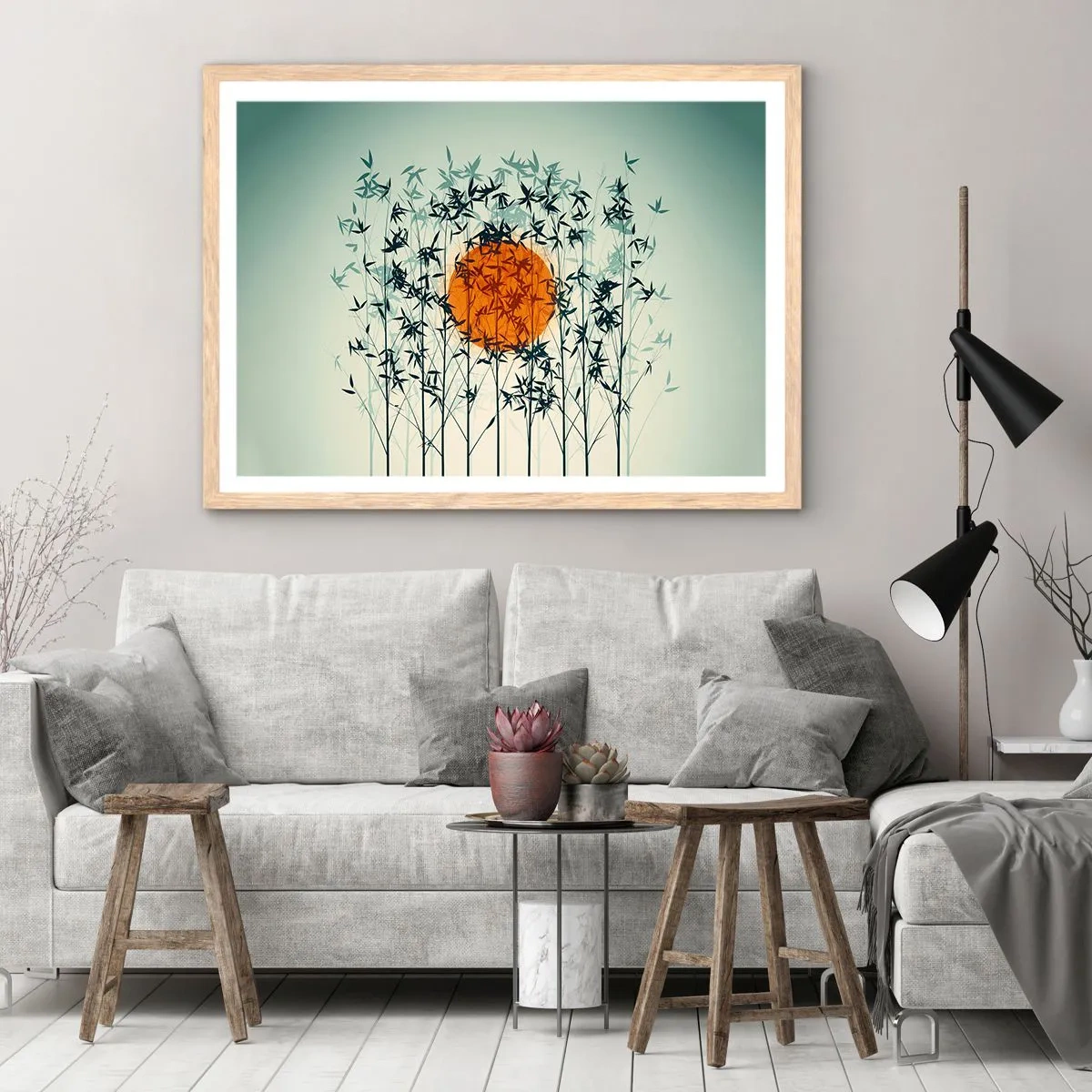 Affiche dans un chêne clair - Poster - Soleil japonnais - 100x70 cm