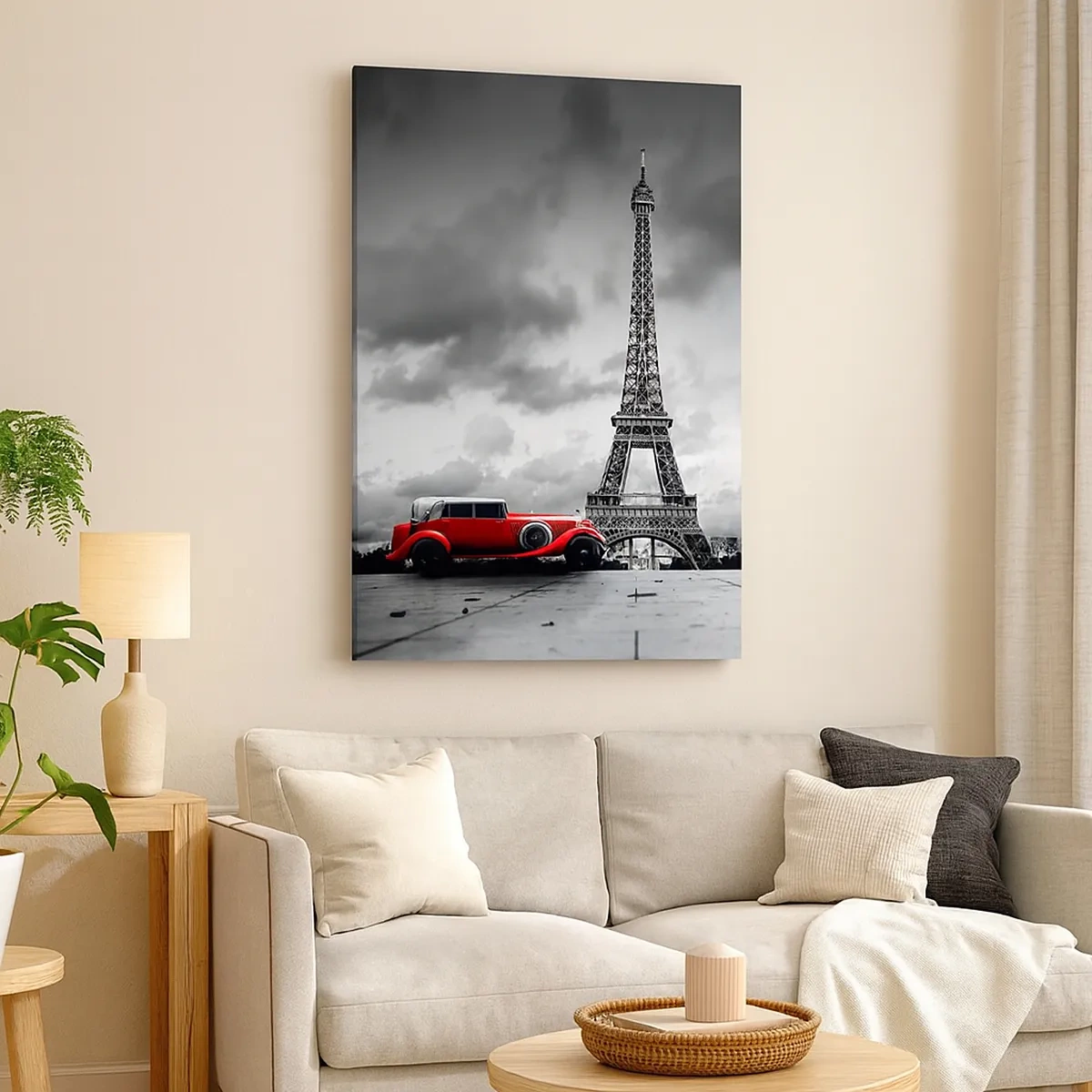 Impression sur toile - Image sur toile - Voiture rétro rouge devant la Tour Eiffel en noir et blanc - 50x70cm - Il n'y a pas si longtemps à Paris - Décoration murale moderne pour le salon et la chambre ARTTOR
