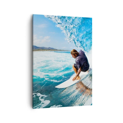 Impression sur toile - Image sur toile - Un surfeur dans une pose dynamique sur une vague dans une eau turquoise. - 50x70cm - Danse avec les vagues - Décoration murale moderne pour le salon et la chambre ARTTOR