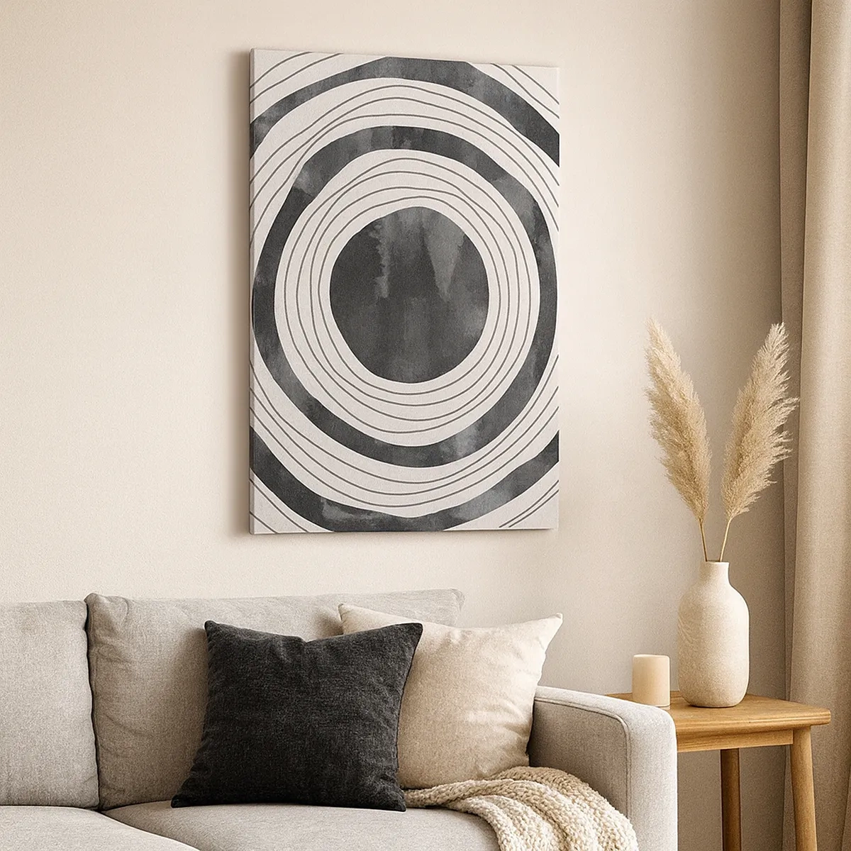 Impression sur toile - Image sur toile - Cercles concentriques noirs et blancs sur fond clair - 50x70cm - Droit au but - Décoration murale moderne pour le salon et la chambre ARTTOR