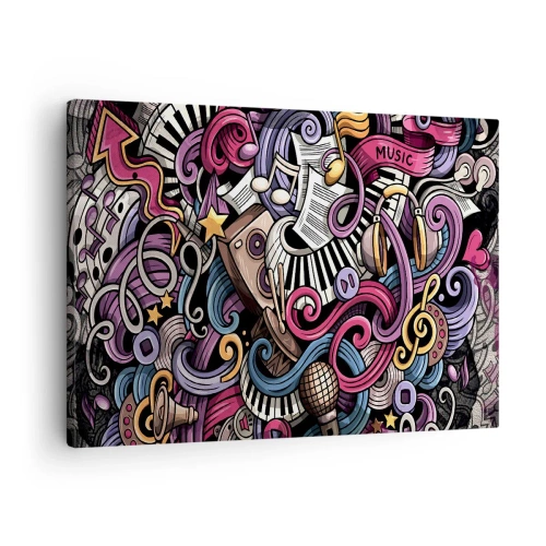 Impression sur toile - Image sur toile - Une abstraction musicale pleine d'instruments et de notes colorées. - 70x50cm - Mélodie compliquée - Décoration murale moderne pour le salon et la chambre ARTTOR