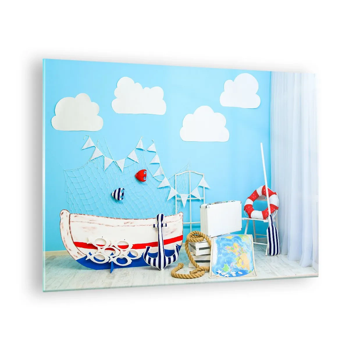 Impression sur verre - Image sur verre - Scène marine décorative avec un bateau et des accessoires nautiques - 70x50cm - Nostalgie infantile de l'aventure - Décoration murale moderne pour le salon et la chambre ARTTOR
