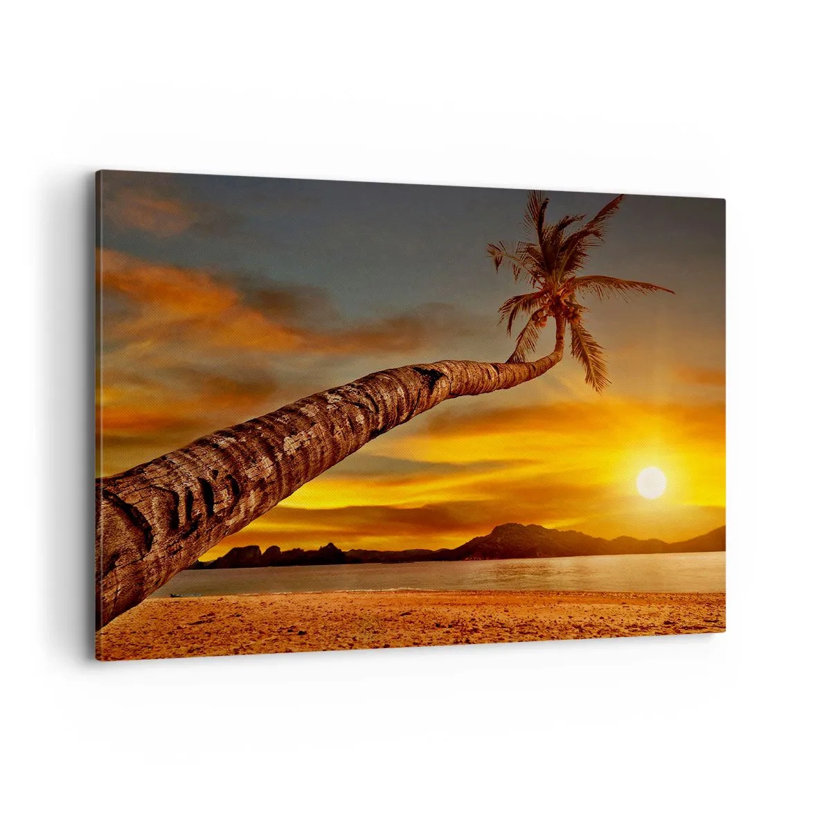 Impression sur toile - Image sur toile - Palmier sur la plage au coucher du soleil avec vue sur la mer - 100x70cm - Vacances exotiques, aventure caribéenne - Décoration murale moderne pour le salon et la chambre ARTTOR